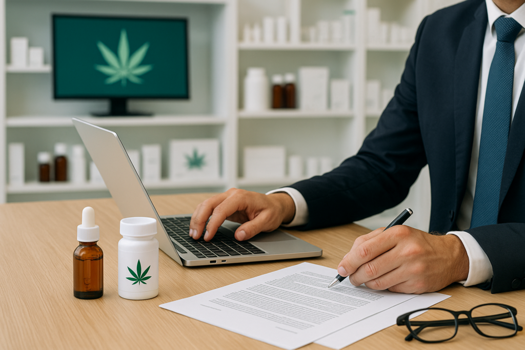 Henrik Aulbach als Cannabis-Texter in einer Cannabis-Apotheke